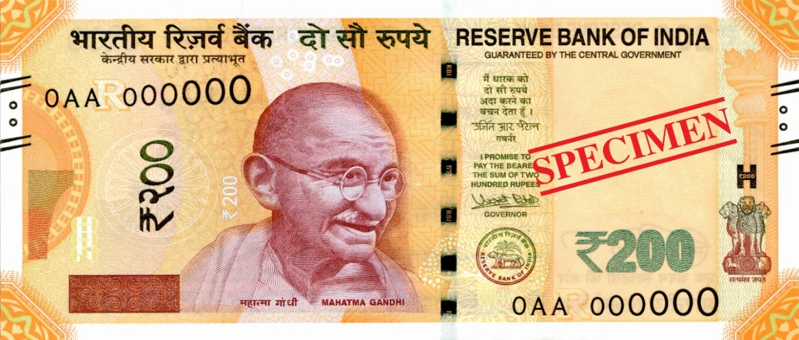 Billet de 200 roupies indiennes, recto — portrait du Mahatma Gandhi